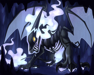 ambiguous_gender black_body bodily_fluids bone cave claws detailed_background drooling empty_eyes feet feral fire mask paws plasma saliva skull skull_head tail teeth toe_claws toes unusual_anatomy wings yellow_eyes anonymous_gardevoir mythology nintendo pokemon lumien_(darkeeveeon) chandelure charizard dragon generation_1_pokemon generation_5_pokemon hybrid hybrid_pokemon mythological_creature mythological_scalie pokemon_(species) scalie 2025 5:4 digital_media_(artwork) hi_res male_(lore)