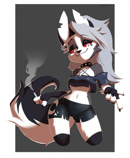 4_fingers anthro black_bottomwear black_clothing black_nose black_shorts bottomwear breasts cigarette claws clothed clothing collar eyebrow_piercing eyebrow_ring eyebrows eyelashes facial_piercing female finger_claws fingers fur grey_body grey_fur grey_hair hair holding_cigarette holding_object long_hair looking_at_viewer navel notched_ear piercing pose red_sclera ring_piercing shorts simple_background smile smiling_at_viewer solo spiked_collar spikes tail under_boob white_body white_eyes white_fur miakameron hellaverse helluva_boss mythology loona_(helluva_boss) canid canid_demon canine demon hellhound mammal mythological_canine mythological_creature 2024 digital_drawing_(artwork) digital_media_(artwork) hi_res lineless