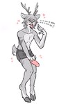 4_fingers anthro antlers athletic athletic_anthro athletic_male blush bodily_fluids boxers_(clothing) boxers_only clothed clothed_anthro clothed_male clothing cloven_hooves erection eyebrows fingers fur genitals hair heart_symbol hooves horn male male_anthro monotone_background penis penis_poking_out penis_through_leghole pink_penis pink_tongue scut_tail short_tail simple_background solo straight_hair sweat tail text tongue tongue_out topless underwear underwear_only unguligrade white_background helregin deer mammal 2023 digital_drawing_(artwork) digital_media_(artwork) english_text full-length_portrait hi_res portrait signature spot_color