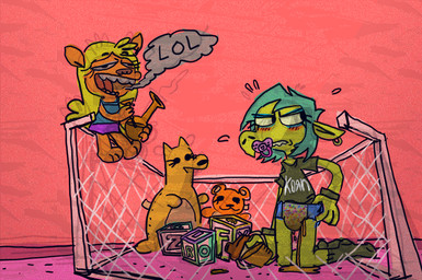 age_regression ageplay alphabet angry anthro block blonde_hair blue_hair blush bodily_fluids bong bracelet clothed clothing crib diaper drugs ear_piercing ear_ring embarrassed female footwear fur genital_fluids group hair humanoid_pointy_ears infantilism inside jewelry legwear makeup object_in_mouth orange_body orange_fur pacifier pacifier_in_mouth paws peeing piercing plushie pointy_ears puddle pull-ups_(diaper) ring_piercing roleplay sippy_cup smoke socks sweat teeth thin_diaper unclean_diaper urine used_diaper wearing_diaper wet wet_diaper wetting cate_wurtz korn demon unknown_species