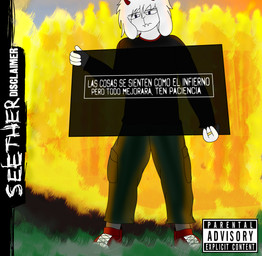 anthro burn burnt clothing fire footwear grass holding_object male parental_advisory_sticker plant shoes sneakers solo text blazerfurro seether_(band) toby_(blazerfurro) bovid caprine goat mammal absurd_res album_cover cover hi_res spanish_text
