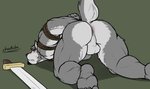 anthro anus balls bdsm biped bondage bound butt fur genitals grey_body grey_fur hands_behind_back male melee_weapon nude rope simple_background solo submissive submissive_male sword weapon white_body white_fur cheotdo canid canine canis mammal wolf hi_res