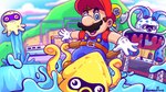 black_eyes blue_eyes brown_hair clothing facial_hair hair hat headgear headwear ink isle_delfino jumping male mustache red_eyes ricco_harbor ship surfing swimming tentacles vehicle water watercraft white_body white_skin yellow_body yellow_skin feedback99 mario_bros nintendo super_mario_sunshine f.l.u.d.d. gooper_blooper mario bloopad blooper blooper_racer cephalopod coleoid decapodiform human mammal marine mollusk yellow_blooper 16:9 signature widescreen