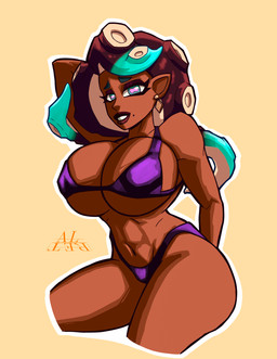 big_breasts bikini breasts brown_body brown_hair clothing ear_piercing ear_ring female hair humanoid_pointy_ears markings mole_(marking) multicolored_eyes multicolored_hair muscular muscular_female piercing pointy_ears pseudo_hair purple_clothing ring_piercing solo swimwear tan_body tentacle_hair tentacles two-piece_swimsuit alterdfd nintendo splatoon marina_(splatoon) animal_humanoid cephalopod cephalopod_humanoid humanoid marine marine_humanoid mollusk mollusk_humanoid octarian octoling octopus_humanoid absurd_res hi_res