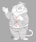 anthro barefoot belly_tuft belt bottomwear claws clothed clothing clothing_grab fangs feet fur half-closed_eyes holding_clothing holding_object jacket male mane narrowed_eyes necktie open_mouth overweight overweight_anthro overweight_male pants paws raised_tail shirt slightly_chubby slightly_chubby_anthro slightly_chubby_male solo standing tail teeth toe_claws tongue topwear tuft whiskers dragontzin disney zootopia leodore_lionheart felid lion mammal pantherine 2022 absurd_res hi_res