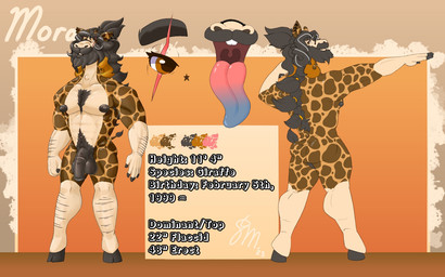 anthro beard black_nipples blue_tongue body_hair brown_eyes buckteeth butt character_description curly_hair description ear_piercing eye_scar facial_hair facial_piercing facial_scar fingers fur grey_hair hair hooved_fingers hooves lip_piercing long_beard long_tongue male markings mole_under_eye musclegut muscular muscular_anthro muscular_male mustache nipples nose_jewelry nude nude_anthro nude_male pecs piercing ponytail scar solo spots spotted_body spotted_fur tall teeth text tongue starmoral mora_giraffe_(starmoral) giraffe giraffid mammal 16:10 hi_res model_sheet widescreen