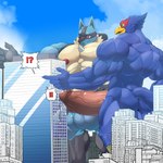 anthro balls beak big_pecs big_penis blue_body blue_fur bodily_fluids building city duo erection fur genital_fluids genitals humanoid_genitalia humanoid_penis imminent_building_sex macro male muscular muscular_male nipples non-mammal_nipples pecs penis precum spines text vein veiny_penis sharkinn nintendo pokemon star_fox falco_lombardi avian bird canid canine generation_4_pokemon lucario mammal pokemon_(species) 1:1 absurd_res english_text hi_res