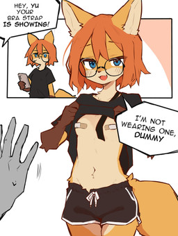 anthro band-aid bandage blue_eyes blush breasts cellphone clothed clothing cute_fangs dialogue electronics eyewear fangs female first_person_view fluffy fluffy_tail glasses hair looking_at_viewer navel no_bra pasties phone short_hair small_breasts smartphone solo tail teeth lilkon bra_strap_showing_(meme) anon canid canine fox mammal absurd_res hi_res meme