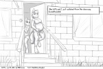 3:2 anthro canid canine comic door duo english_text faf fafcomics female fox greyscale hetty_(faf) jimmy_(faf) male mammal monochrome overweight stairs text