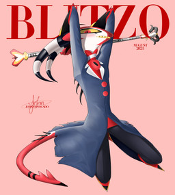 anthro clothing hands_behind_head kneeling looking_at_viewer magazine male pose seductive solo tail johnnypescado hellaverse helluva_boss blitzo_(helluva_boss) imp 2021 absurd_res hi_res