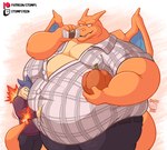 anthro anthrofied autumn belly belly_smother belly_squish beverage bottomwear clothed clothing coffee drinking duo fat_arms fire flaming_tail food frown fruit fur holding_object horn male moobs morbidly_obese morbidly_obese_anthro morbidly_obese_male obese obese_anthro obese_male overweight overweight_anthro overweight_male pants plant pokemorph pumpkin shirt size_difference smile squish standing sweater tail tail_coil text topwear tuft wings stompsyeen nintendo patreon pokemon twitch.tv charizard generation_1_pokemon generation_2_pokemon pokemon_(species) typhlosion 2023 hi_res url watermark