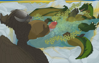 anthro balls bathing belly big_belly big_penis bloated bodily_fluids brown_body cum cum_drip dripping duo erection fart fart_cloud fart_fetish farting_underwater genital_fluids genitals green_body green_fart_cloud hot_spring male male/male nude penis water wings aetherxov mythology avian bird dragon gryphon mythological_avian mythological_creature mythological_scalie reptile scalie hi_res