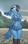 absurd_res anthro anthrofied avian beak bird blue_sky_studios bottomwear bra breasts clothing conditional_dnp drako1997 exposure_variation female front_view hi_res jewel_(rio) macaw neotropical_parrot nipple_outline non-mammal_breasts parrot rio_(series) skirt solo spix's_macaw text true_parrot underwear url