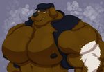 anthro big_muscles big_pecs black_nipples brown_body clothing grin hat headgear headwear huge_muscles huge_pecs hyper hyper_muscles hyper_pecs jacket looking_at_viewer male mottled muscular muscular_anthro muscular_male nipples pecs piebald smile solo topwear panscolipede khristopherson_(arcwolfster) canid canine canis domestic_dog mammal 2020 hi_res