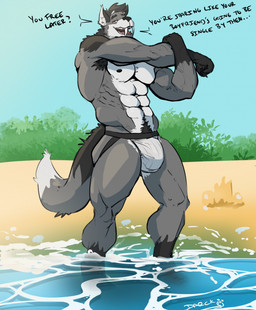 abs anthro areola armpit_hair barazoku beach bedroom_eyes biceps big_bulge big_muscles big_pecs biped body_hair bulge claws clothed clothing day dialogue eyebrows fangs flirting flirting_with_viewer fur grass hair happy_trail jockstrap jockstrap_only looking_at_viewer male manly muscular muscular_anthro muscular_male narrowed_eyes navel nipples obliques open_mouth open_smile outside pecs plant pubes sabertooth_(anatomy) sand sand_castle sculpture seaside seductive serratus sharp_teeth sky smile solo standing stretching swimming_in_underwear tail talking_to_viewer teeth text tongue topless topless_anthro topless_male triceps tuft underwear underwear_only vein water darckhumor mythology maiovik_araius_(tundra_charger) canid canine canis mammal mythological_canine mythological_creature werecanid werecanine werecreature werewolf wolf 2023 colored digital_media_(artwork) english_text hi_res shaded signature