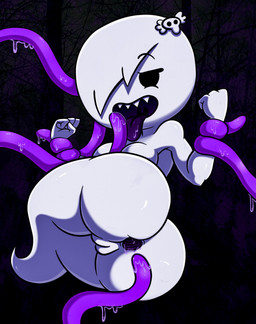 accessory anus big_butt bound breasts butt female forest genitals hair hair_accessory hairpin licking looking_at_viewer not_furry plant sharp_teeth solo teeth tentacles tongue tongue_out tree vulva ghostlydoodles spookyryder cartoon_network the_amazing_world_of_gumball carrie_krueger ghost spirit hi_res