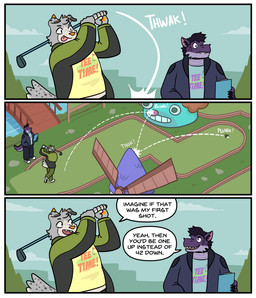 anthro clothing clown dialogue golf golf_ball golf_club horn humor jacket joke male male/male sport topwear tredlocity jaz_(laughingboye) nbdog demon humanoid comic nonbinary_(lore)