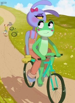 accessory anthro bicycle big_ears big_eyes blood_from_head blood_on_ground blush bow_accessory bow_ribbon clothing cloud duo_focus eyeliner feet female fur gloves group hair_accessory hair_bow hair_ribbon handwear hill humanoid_hands makeup membrane_(anatomy) outside overalls pink_clothing pink_overalls purple_body purple_fur ribbons riding_bike smile smiling_at_another toes trio vehicle webbed_feet white_clothing white_gloves white_handwear yellow_clothing yellow_gloves yellow_handwear nikkiaart glitch_productions the_amazing_digital_circus jax_(tadc) kaufmo_(tadc) ribbit_(tadc) lagomorph leporid mammal rabbit 2026 absurd_res digital_drawing_(artwork) digital_media_(artwork) english_description hi_res trans_(lore) trans_woman_(lore)
