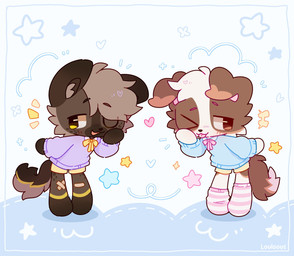 ambiguous_gender anthro blep blue_clothing blue_shirt blue_topwear bottomwear brown_body brown_eyebrows brown_eyes brown_fur chibi clothing duo eyebrows floppy_ears freckled_face freckles fur hair inner_ear_fluff looking_away markings one_eye_closed open_mouth pink_eyebrows purple_clothing purple_shirt purple_topwear shirt short_hair shorts standing tail tongue tongue_out topwear tuft white_body white_fur yellow_bottomwear yellow_clothing yellow_eyes yellow_markings yellow_shorts louloous border_collie canid canine canis collie domestic_dog herding_dog hyena mammal pastoral_dog sheepdog 2025 colored digital_drawing_(artwork) digital_media_(artwork) hi_res