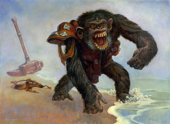 ambiguous_gender angry anthro armor beach black_body black_fur fur hammer implied_transformation open_mouth pauldron sand solo standing tools water heather_hudson hasbro magic:_the_gathering wizards_of_the_coast ape chimpanzee haplorhine mammal pan_(genus) primate 2006 official_art traditional_media_(artwork)