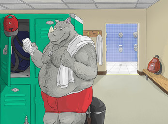 anthro arm_hair backpack belly belly_hair bench biped body_hair bulge chest_hair coach forearm_hair forearms hairy hairy_hands hairy_legs happy_trail horn locker locker_room love_letter male mature_anthro mature_male overweight overweight_anthro overweight_male shoulder_hair shower smile solo standing whistle_(object) gator_(artist) mammal rhinoceros hi_res