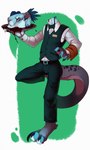 anthro belt black_belt black_bottomwear black_clothing black_pants blue_body blue_claws blue_fur bottomwear brown_eyes claws clothed clothing decapitation finger_claws fur gore head_feathers looking_at_viewer male mouth_closed pants simple_background solo standing toe_claws topwear vest waiter white_clothing white_topwear riorix species_request full-length_portrait hi_res portrait