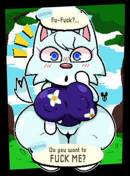 anthro big_breasts blue_body blue_eyes blush bottomless breasts clothed clothing dialogue female genitals huge_breasts huge_hips huge_thighs looking_at_viewer nipple_outline open_mouth profanity question_mark shirt solo speech_bubble text thick_thighs topwear vulva wide_hips luanctoons animal_crossing nintendo whitney_(animal_crossing) canid canine canis mammal wolf 2025 absurd_res digital_media_(artwork) english_text hi_res pixel_(artwork)