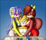 anthro big_breasts blue_eyes blush breasts brown_hair cleavage clothed clothing dress female grope group hair male orange_hair smile tail knownvortex archie_comics sega sonic_the_hedgehog_(archie) sonic_the_hedgehog_(comics) sonic_the_hedgehog_(series) fiona_fox miles_prower mina_mongoose canid canine fox herpestid mammal mongoose