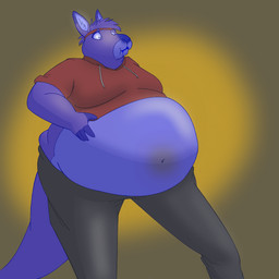 accessory anthro belly belly_inflation berry_juice beverage big_belly biped blue_body blue_fur blueberry_inflation blueberry_juice clothed clothing exposed_belly fur headband hoodie inflation juice_(beverage) juice_from_mouth male moobs navel solo standing surprised topwear wide_eyed monterrang keller_kangaroo kangaroo macropod mammal marsupial 1:1 hi_res