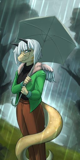 2_horns 5_fingers anthro black_clothing black_footwear black_shoes blue_eyes bottomwear brown_bottomwear brown_clothing brown_pants clothing eyelashes eyewear female fingers footwear freckled_face freckled_tail freckles glasses green_clothing green_jacket green_topwear grey_hair hair hair_over_eye horn jacket long_tail looking_at_viewer multicolored_body multicolored_scales outside pants raining scales short_hair smile snout solo tail topwear two_tone_body two_tone_scales umbrella yellow_body yellow_scales half-coco cavemanon_studios snoot_game fan_character mei_(mystralinho) abelisaurid carnotaurus dinosaur prehistoric_species reptile scalie theropod 2024 absurd_res digital_drawing_(artwork) digital_media_(artwork) hi_res