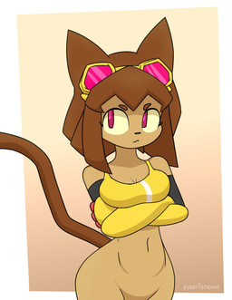 anthro big_breasts bottomless breasts clothed clothing eyewear eyewear_on_head female fur looking_at_viewer simple_background solo sunglasses sunglasses_on_head tail toony topwear unimpressed wearing_sunglasses masornydraws gameoverse glitch_productions kit_bodega domestic_cat felid feline felis mammal absurd_res digital_media_(artwork) hi_res
