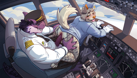 aircraft airplane arm_spreader autopilot clothed clothing cloud cockpit crossdressing duo fishnet_clothing flight_attendant genitals humanoid_genitalia humanoid_penis hybrid_genitalia hybrid_penis inside_airplane legwear male male/male pantyhose penis pilot restraints sky skyscape spreader_bar vehicle yoke_(aircraft) katewhb jaz_(laughingboye) nbdog alligator alligatorid border_collie canid canine canis collie crocodilian domestic_dog herding_dog mammal pastoral_dog reptile scalie sheepdog absurd_res hi_res nonbinary_(lore)