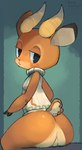 :< anthro big_butt big_ears biped black_eyes blush bottomless butt clothed clothing featureless_crotch female fur half-closed_eyes horn looking_at_viewer looking_back narrowed_eyes rear_view sitting solo sweater toony topwear honeycalamari animal_crossing nintendo beau_(animal_crossing) antelope bovid mammal male_(lore)