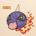 2017 alternate_species ambiguous_gender black_markings blep blue_body blue_eyes blue_sclera elemental_creature english_text eye_markings fakemon fire fire_creature firefightdex floating full-length_portrait generation_3_pokemon ghost hatching_(art) hi_res horn looking_at_viewer marco_fanjul marker_(artwork) markings midair mixed_media multicolored_eyes nintendo not_furry nude pen_(artwork) pink_tongue pokemon pokemon_(species) portrait shaded shadow shuppet side_view simple_background smile solo sphere_creature spirit text tongue tongue_out toony traditional_media_(artwork) white_background white_horn will-o'-the-wisp yellow_eyes