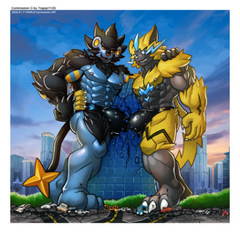 anthro black_body black_fur blue_body blue_eyes bodily_fluids border building bulge bulge_frottage bus car city clothing commercial_vehicle cracks destruction detailed_bulge duo feet fur genital_outline macro male male/male mane muscular muscular_male public_transportation smile speedo stomping swimwear truck vehicle vehicle_for_hire whiskers white_border yellow_body yellow_eyes yellow_fur wolfmalro nintendo pokemon felid generation_4_pokemon generation_7_pokemon legendary_pokemon luxray mammal pokemon_(species) zeraora hi_res