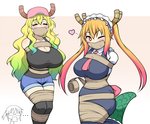 bdsm big_breasts blonde_hair blush bondage bottomwear bound breasts clothing duo_focus female green_tail group hair maid_uniform one_eye_closed pigtails scales scaly_tail shirt shocked shorts smile tail tank_top tape tape_bondage topwear uniform jam-orbital miss_kobayashi's_dragon_maid mythology kobayashi_(dragon_maid) quetzalcoatl_(dragon_maid) tohru_(dragon_maid) animal_humanoid dragon dragon_humanoid human humanoid mammal mythological_creature mythological_scalie scalie 2017 hi_res