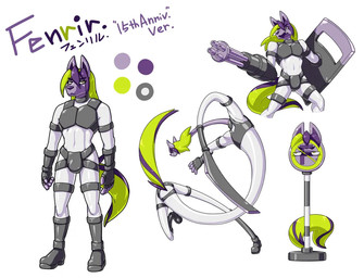 anthro ballistic_shield blade_arm boots clothed clothing elastic elastic_body fingerless_gloves footwear fully_clothed gatling_gun gloves green_eyes green_hair green_tail gun gun_arm hair handwear inanimate_transformation machine_gun male minigun multicolored_hair pointy_ears purple_body purple_hair ranged_weapon shoes solo tail text transformation two_tone_hair weapon weapon_arm dlrowdog fenrir_(dlrowdog) canid canine mammal english_text japanese_text model_sheet