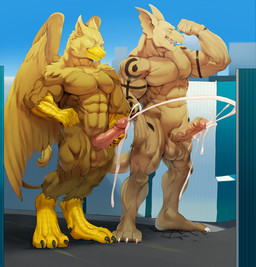 5_fingers abs anthro balls beak biceps bodily_fluids brown_body building city cityscape claws cum cumshot duo ejaculation erection feathered_wings feathers feet finger_claws fingers genital_fluids genitals humanoid_genitalia humanoid_penis macro male masturbation muscular muscular_anthro muscular_male nude open_mouth orgasm outside pecs penile penis sky smile tail toe_claws toes vein veiny_penis wings justmegabenewell mythology carpo tephros avian dragon gryphon mythological_avian mythological_creature mythological_scalie scalie hi_res