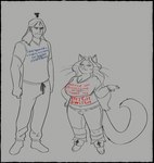 annoyed anthro big_breasts bottomwear bracelet breasts clothed clothing duo female footwear hair jewelry long_hair long_whiskers male navel pants service_height shirt shoes short_stack size_difference smug stubble tail text text_on_clothing text_on_topwear topwear whiskers amadboii microsoft the_elder_scrolls davi_(amadboii) kiithi_(glacierclear) felid human khajiit mammal absurd_res hi_res