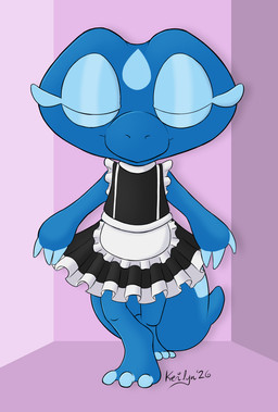 ambiguous_gender black_clothing blue_body blue_skin bowing clothed clothed_feral clothing curtsey eyes_closed feral frilly frilly_clothing maid_uniform smile tail thick_tail uniform kerilyn nintendo pokemon gecqua generation_10_pokemon pokemon_(species) 2026 hi_res signature