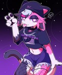 anthro bell bell_collar belly blep bottomwear calico_cat clothing collar crop_top cutoffs denim denim_bottomwear denim_clothing domestic_cat epic_games fake_ears fan_character felid feline felis female fishnet_clothing fortnite fur gesture grey_body grey_fur hand_gesture hi_res ironic_fake_ears mammal meow_skulls midriff mismatched_eyeshadow nyan_skulls_(nyanoraptor) periwinkle_fur pink_body pink_fur shirt shorts slumberdoq solo tongue tongue_out topwear v_sign wallet_chain white_belly