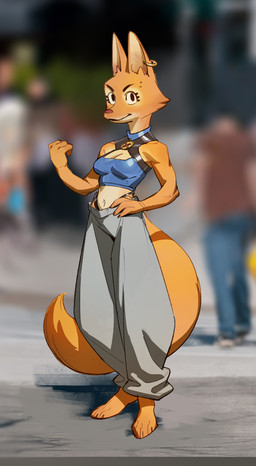 4_fingers 4_toes anthro athletic athletic_anthro athletic_female barefoot biped blurred_background bottomwear breasts clothed clothed_anthro clothed_female clothing depth_of_field ear_piercing ear_ring eyebrow_piercing facial_piercing feet female fingers fully_clothed fully_clothed_anthro fully_clothed_female fur gold_(metal) gold_ear_ring looking_at_viewer midriff orange_body orange_fur pants piercing pink_nose plantigrade ring_piercing solo standing tail toes zeker dreamworks the_bad_guys diane_foxington canid canine fox mammal absurd_res hi_res
