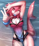 5_fingers anthro breasts cleavage clothed clothing curvy_figure female fin fingers hair medium_breasts non-mammal_breasts one-piece_swimsuit partially_submerged pink_hair pose short_hair slim solo swimwear tail tongue xaenyth shrimp_(uk_brony) fish marine shark 2021 absurd_res digital_media_(artwork) hi_res