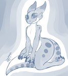 3_toes 4_fingers ambiguous_gender anthro claws eyelashes feet fingers grey_background lying_on_ground on_ground pose simple_background smile solo tail toes shikaro kobold scalie 2020 blue_and_white hi_res monochrome sketch