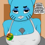 anthro big_breasts breast_play breasts clothed clothing decorative_pin dialogue duo erect_nipples female genitals male male/female mature_female morning nipple_outline nipples penis sex text titfuck inprogress cartoon_network the_amazing_world_of_gumball nicole_watterson domestic_cat felid feline felis humanoid mammal 1:1 english_text hi_res