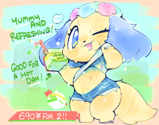 abstract_background anthro beverage big_eyes biped blue_body blue_ears blue_eyes blue_fur bodily_fluids bottomwear chibi clothed clothed_anthro clothed_female clothing clothing_pull container currency_symbol daisy_dukes denim denim_bottomwear denim_clothing denim_shorts directional_arrow drinking_straw exclamation_point eyelashes female female_anthro flower flower_crown fur glistening glistening_eyes holding_beverage holding_object hotpants milk_container minishorts multicolored_body multicolored_fur number one_eye_closed open_mouth open_smile pink_mouth plant pupils shirt shirt_pull shorts smile solo sparkles standing sweat sweatdrop symbol tail text three-quarter_view topwear topwear_pull two_tone_body two_tone_fur white_sclera wide_hips yellow_body yellow_fur yellow_tail yen_sign ligma_(artist) jewelpet sanrio sega sega_fave sapphie_(jewelpet) bird_dog canid canine canis cavalier_king_charles_spaniel domestic_dog hunting_dog mammal spaniel toy_dog 2025 digital_drawing_(artwork) digital_media_(artwork) english_text full-length_portrait portrait shaded soft_shading