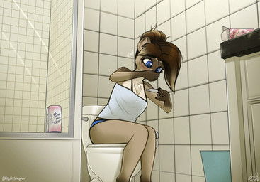anthro bathroom blush chest_tuft clothed clothing covering covering_mouth covering_own_mouth covering_self early_pregnancy female fingers humanoid_hands inside pregnancy_test pregnant pregnant_female shocked solo tile toilet trash_can tuft underwear stargazer lumina_(stargazer) mammal procyonid raccoon 2022 digital_media_(artwork) shaded story story_in_description