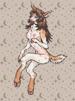 anthro areola blue_eyes breasts brown_hair brown_markings cloven_hooves dipstick_ears ear_markings eyelashes female fur fur_markings hair hoof_hands hooves inner_ear_fluff leg_markings markings multicolored_ears navel nipples nude pattern_background pink_areola pink_nipples scut_tail short_tail simple_background smile snout socks_(marking) solo spots spotted_body spotted_fur tail tuft unguligrade white_body white_eyelashes white_fur sleepy_chimera deer mammal 3:4 digital_drawing_(artwork) digital_media_(artwork) full-length_portrait hi_res portrait shaded soft_shading