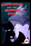 ambiguous_gender anthro black_border blush border brown_eyes canid canine canis comic cover cover_art cover_page digital_media_(artwork) domestic_dog duo english_text female_(lore) fur glowing glowing_eyes green_eyes grey_body guard hi_res larger_male male mammal nasty-pink procyonid raccoon raccoon_dog silhouetted_body size_difference smaller_ambiguous tail tanookin tanuki text thief wolf