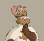 anthro antlers arm_hair beard blep body_hair brown_hair chest_hair clothed clothing electric_razor eyebrows facial_hair hair horn looking_at_viewer male male_anthro nipples personal_grooming raised_eyebrow razor simple_background smile solo tongue tongue_out tools topless topless_male trimming_(grooming) nardodraws rodney_(nardodraws) deer mammal new_world_deer reindeer 2025 hi_res signature